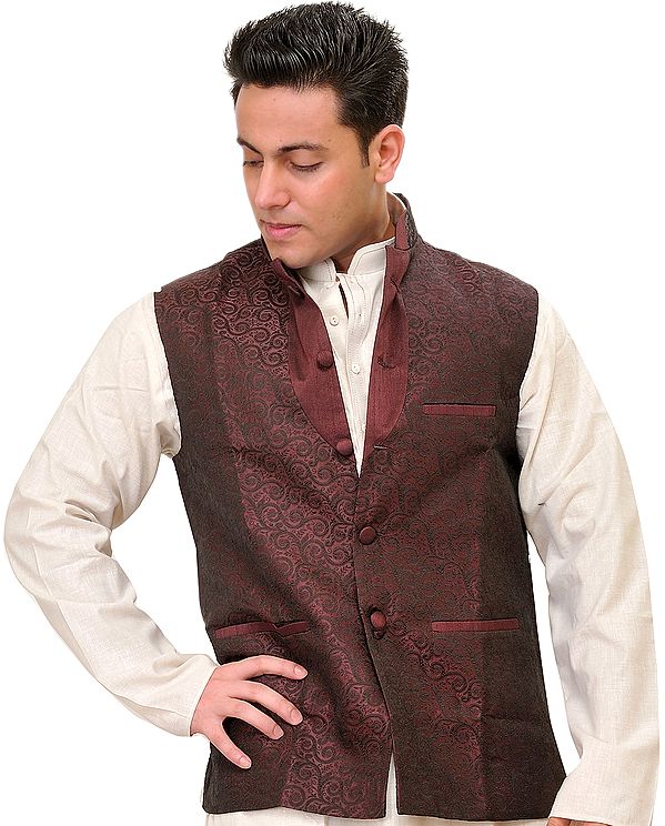 Jacquard-Woven Banarasi Waistcoat with Floral Weave in Self