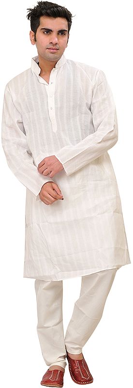 Bright-White Kurta Pajama with Stripes Woven in Self