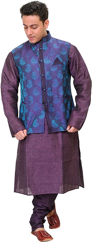 Wineberry-Purple Three Piece Kurta Pajama Set with Brocaded Waistcoat