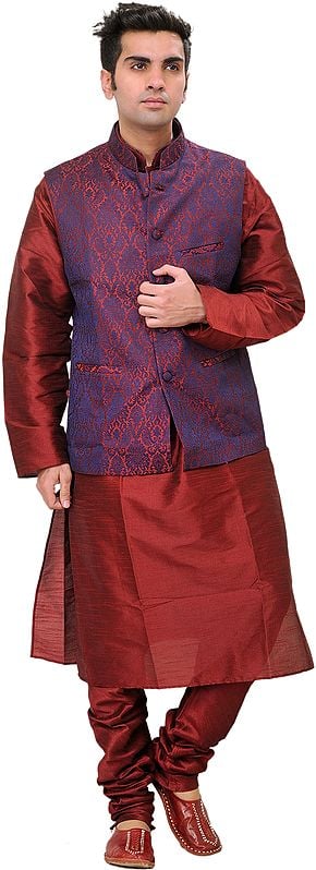 Tibetan-Red Three-Piece Wedding Kurta Pajama Set with Vest