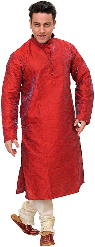 Wedding Kurta Pajama Set with All-Over Woven Floral Motifs in Self