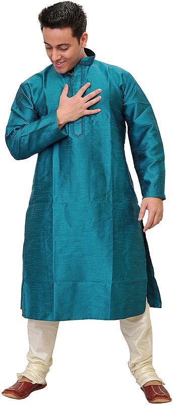 Plain Kurta Pajama Set with Zigzag Weave in Self and Embroidery on Neck