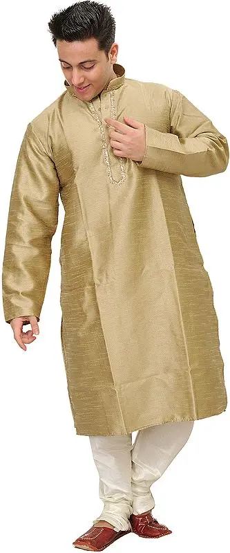 Plain Kurta Pajama Set with Zigzag Weave in Self and Embroidery on Neck