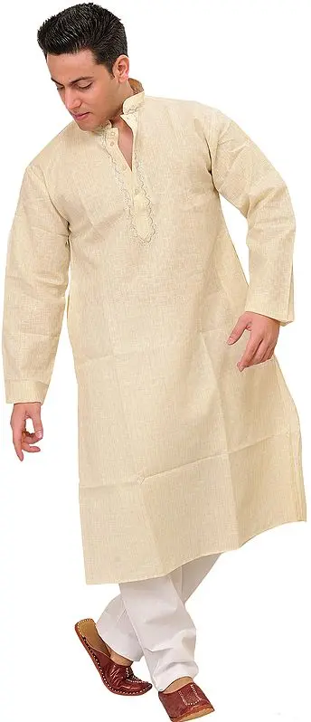 Pure Cotton Kurta Pajama with Woven Checks and Thread Embroidery on Neck