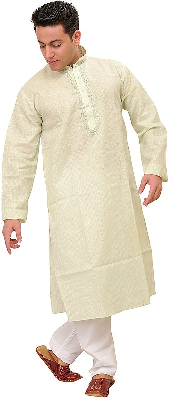 Pure Cotton Kurta Pajama with Woven Checks and Thread Embroidery on Neck