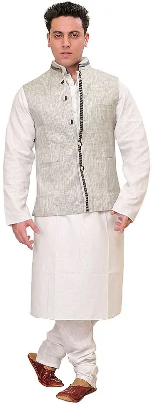 Frost-Gray Three Piece Kurta Pajama Set with Waistcoat