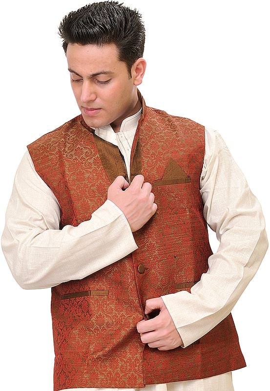 Cocoa-Brown Wedding Waistcoat with Woven Flowers