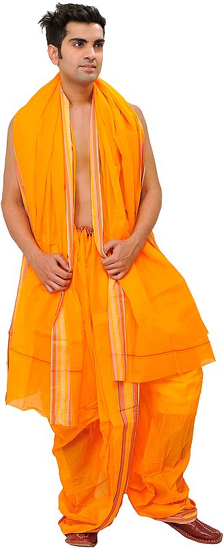 Bright-Marigold Ready to Wear Dhoti and Angavastram Set with Woven  Border