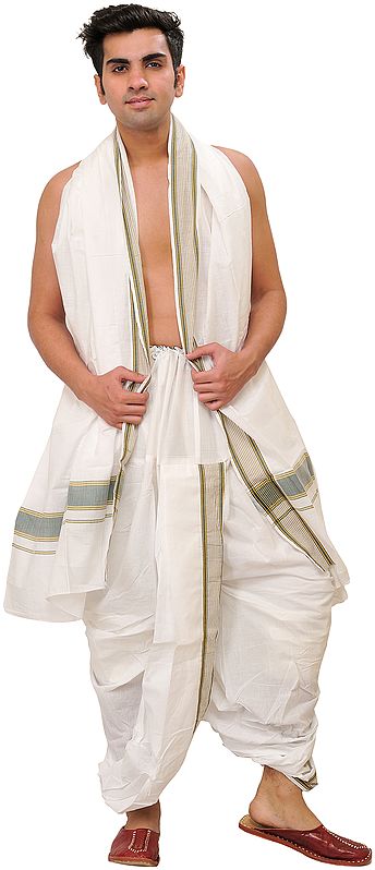 White  Ready to Wear Dhoti and Angavastram Set with Stripesd Border