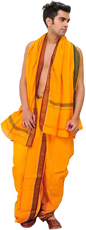 Ready to Wear Dhoti and Angavastram Set with Woven Temple Border