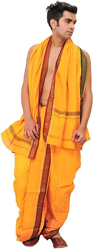 Ready to Wear Dhoti and Angavastram Set with Woven Temple Border