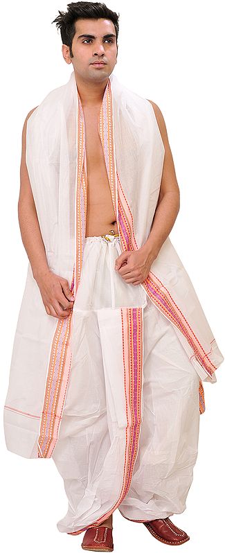 White Ready to Wear Dhoti and Angavastram Set with Woven Border