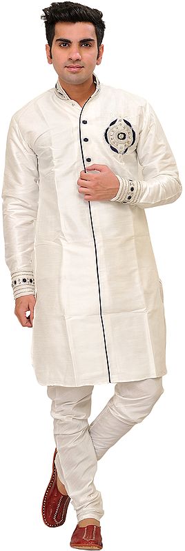 White Designer Kurta Pajama Set with Faux Pearl Embroidery on Neck and Cuff