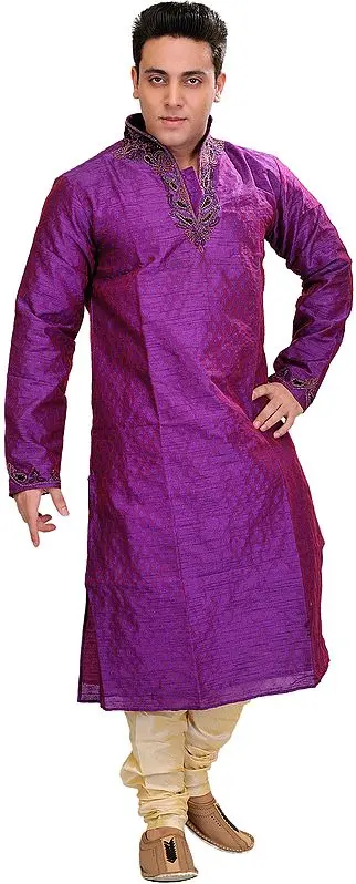 Bright-Violet Kurta Pajama Set with Self-Weave and Beaded Neck