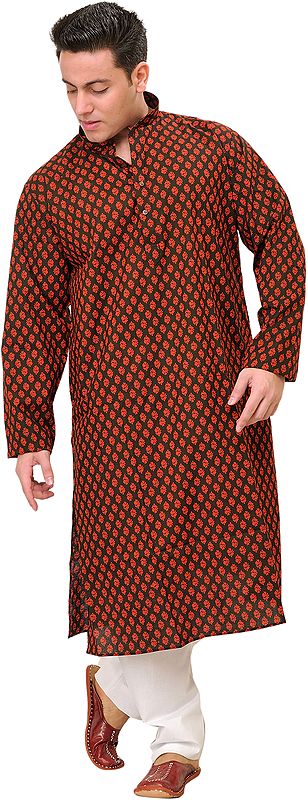 Raven-Black Casual Kurta Pajama Set with Block-Printed Bootis