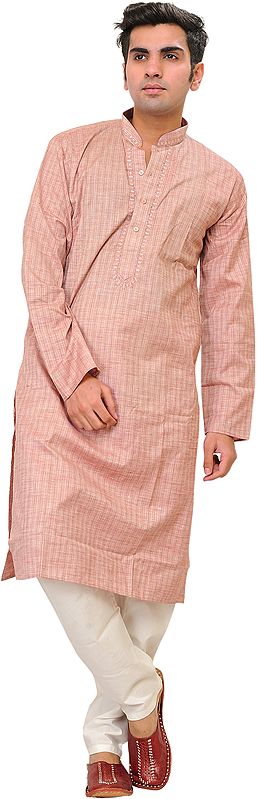 Misty-Rose Kurta Pajama Set with Woven Stripes and Embroidery on Neck
