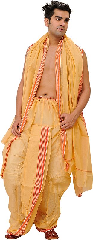Caramel-Cream Ready to Wear Dhoti and Angavastram Set with Woven Border