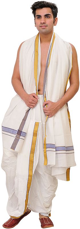 Bright-White Ready to Wear Dhoti and Angavastram Set with Zari-Weave on Border