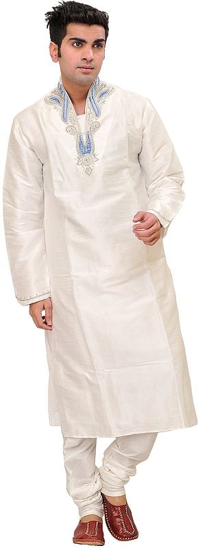Bright-White Kurta Pajama Set with Beaded Paisleys on Neck