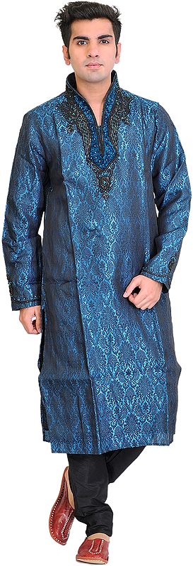 Celestial-Blue Wedding Kurta Pajama Set with Self-Weave and Velvet Applique on Neck