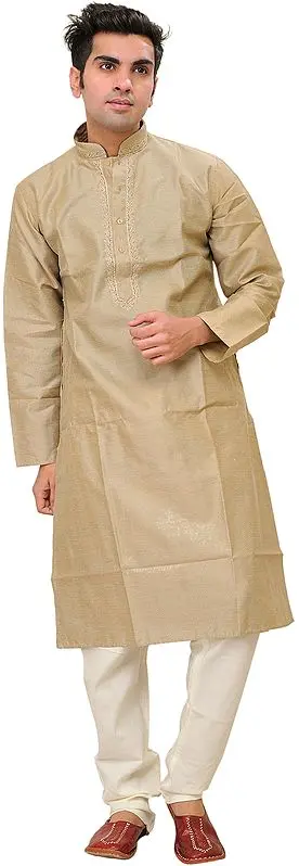 Warm-Sand Kurta Pajama Set with Thread Embroidery on Neck
