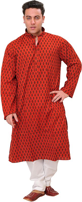 Cranberry-Red Casual Kurta Pajama Set with Block-Printed Booti