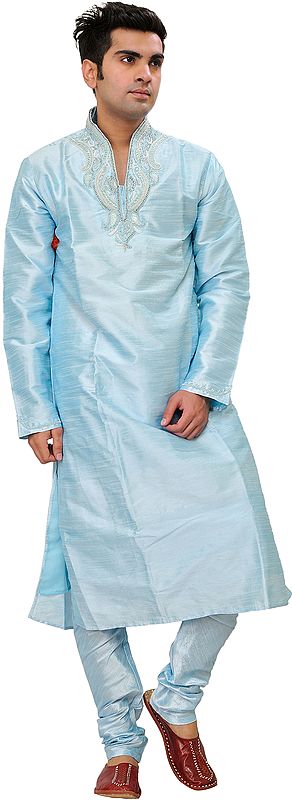 Crystal-Blue Wedding Kurta Pajama Set with Beaded Paisleys on Neck