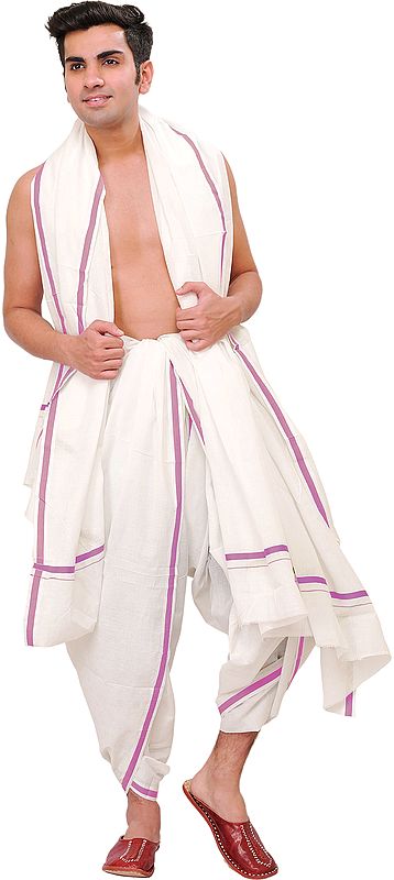 Plain Dhoti and Angavastram Set with Striped Border