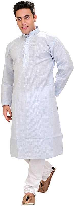 Baby-Blue Khadi Kurta Pajama Set with Woven Stripes and Thread Embroidery on Neck