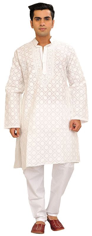 Bright-White Kurta Pajama Set with Chikan Hand-Embroidery in Self-Colored Thread