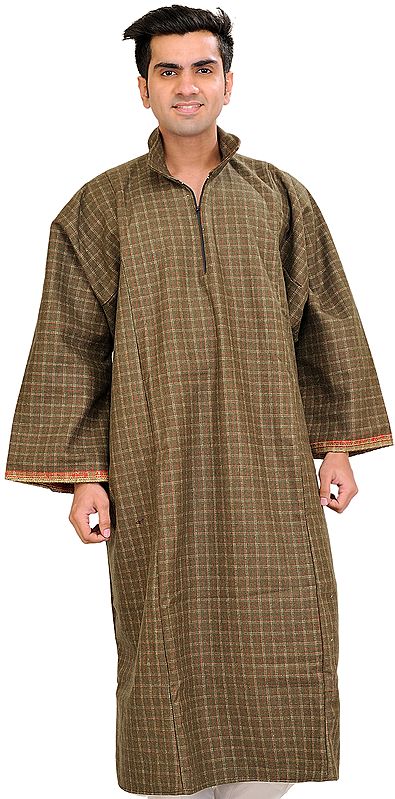 Burnt-Olive Phiran from Kashmir with Woven Checks and One-Side Pocket