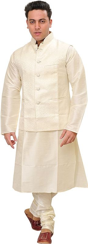 Ivory Three-Piece Kurta Pajama Set with Self-Weave on Waistcoat