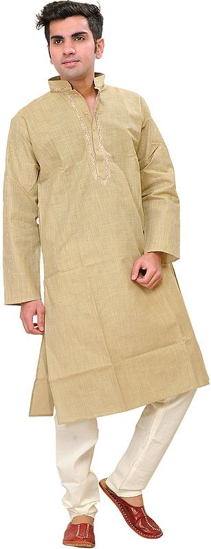 Pale-Khaki Kurta Pajama Set with Woven Striped and Embroidered Neck