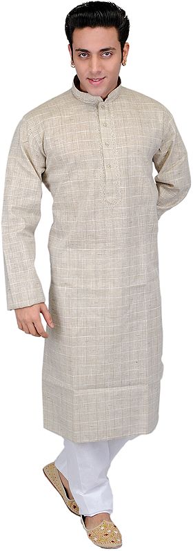 Whitecap-Gray Casual Kurta Pajama Set with Woven Checks and Embroidery on Neck