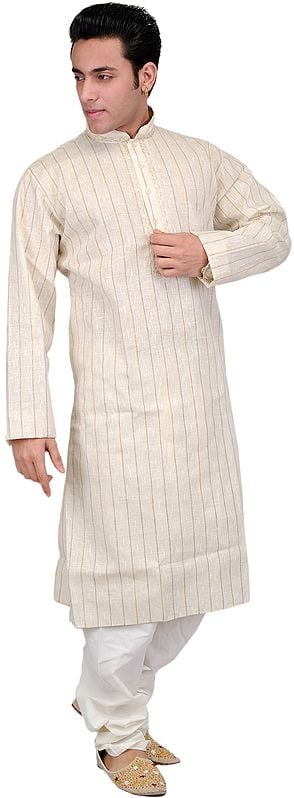 Antique-White Kurta Pajama Set with Woven Stripes and Embroidered Neck