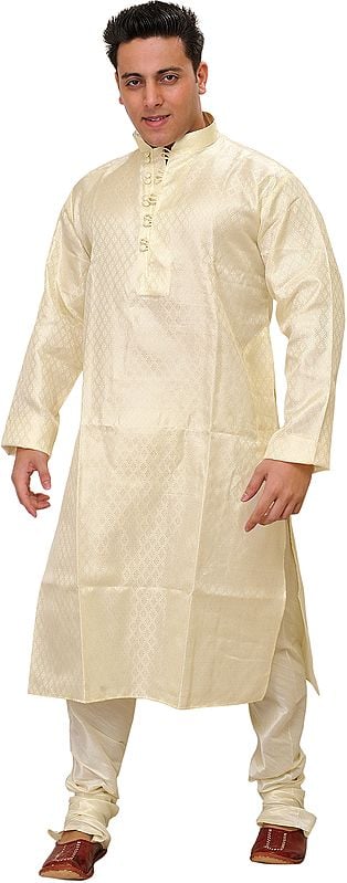 Cream Wedding Kurta Pajama Set with Self-Weave
