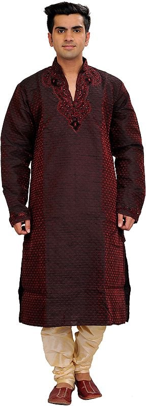 Oxblood-Red and Cream Self-Weave Wedding Kurta Pajama Set with Hand-Embroidered Beads on Neck