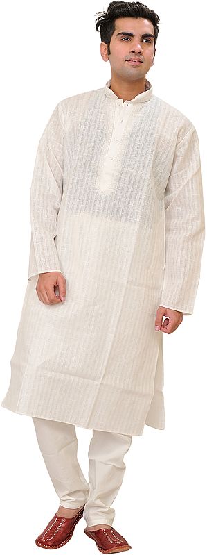 Casual Kurta Pajama Set with Embroidery on Neck and Self-Weave
