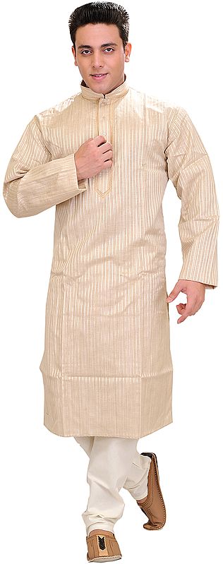 Sandshell Casual Kurta Pajama Set with Woven Stripes and Embroidery on Neck
