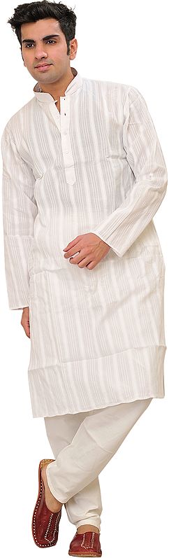 Bright-White Casual Kurta Pajama Set with Self Weave