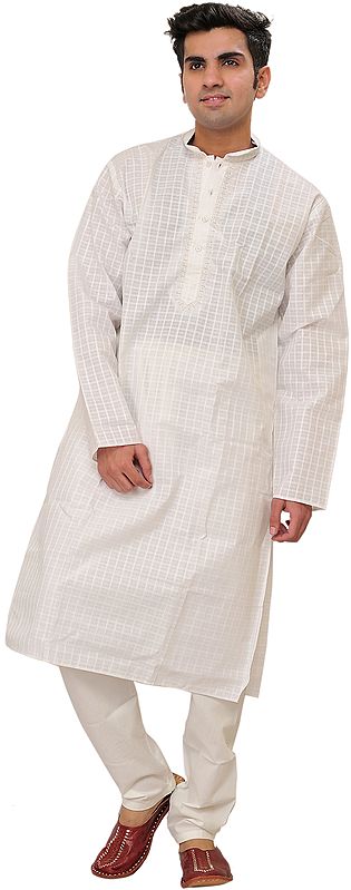 White Casual Kurta Pajama Set with Woven Checks and Embroidery on Neck
