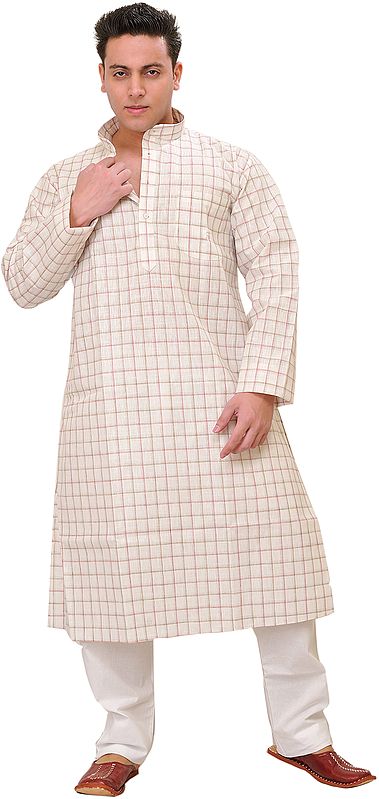 Star-White Casual Kurta Pajama Set with Woven Checks
