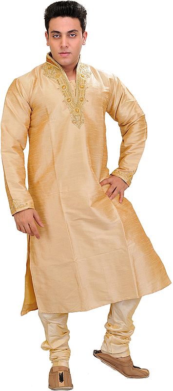Frosted-Almond Wedding Kurta Pajama Set with Hand-Embroidered Beads on Neck