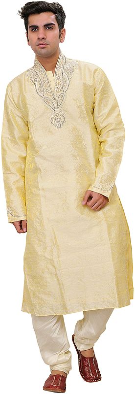 Pastel-Yellow Wedding Kurta Pajama Set with Self-Weave and Hand-Embroidered Beads on Neck