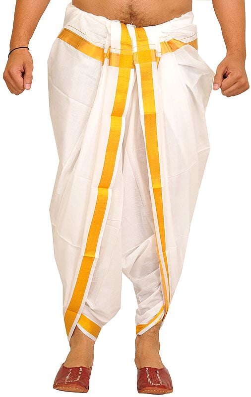 Bright-White Dhoti from Kerala with Woven Golden Border