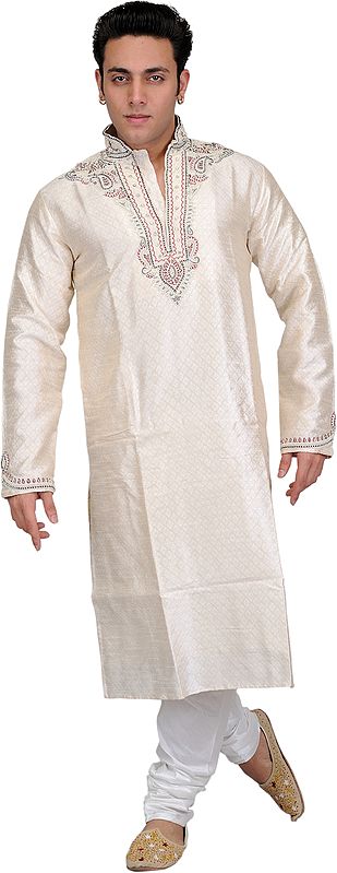 Ivory Self-Weave Wedding Kurta Pajama Set with Hand-Embroidered Beads on Neck