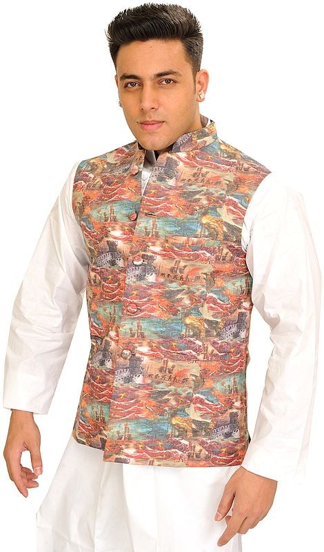 Multicolor Waistcoat with Digital Printed Landscape