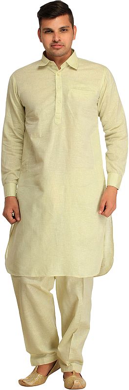 Pastel Plain Pathani Kurta Shalwar Set with Front Pocket