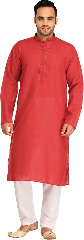 Plain Casual Kurta Pajama Set with Thread-Embroidery on Neck