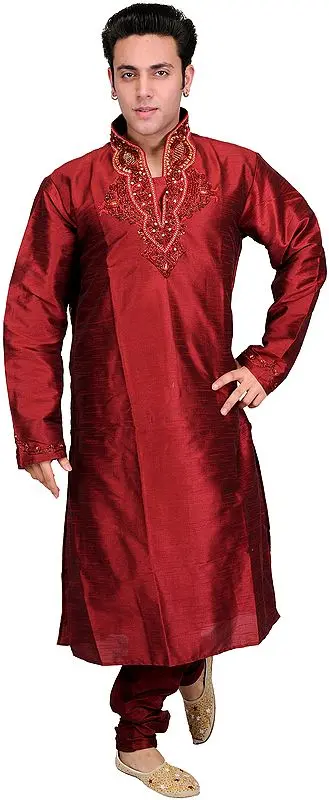 Maroon Wedding Kurta Pajama Set with Embroidered Beads